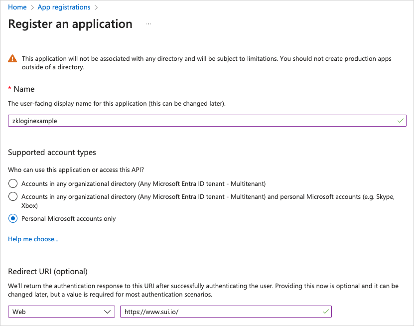 Create application page